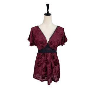 VTG Y2K Women’s Baby Doll Top Burgundy Floral Velvet Fairy Goth Vampcore Medium